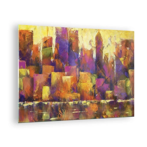 Obraz na skle - Abstraktná metropola v teplých farbách s fialovými akcentmi. - 70x50cm - Metropolitná kompozícia - Moderná nástenná dekorácia do obývacej izby a spálne ARTTOR