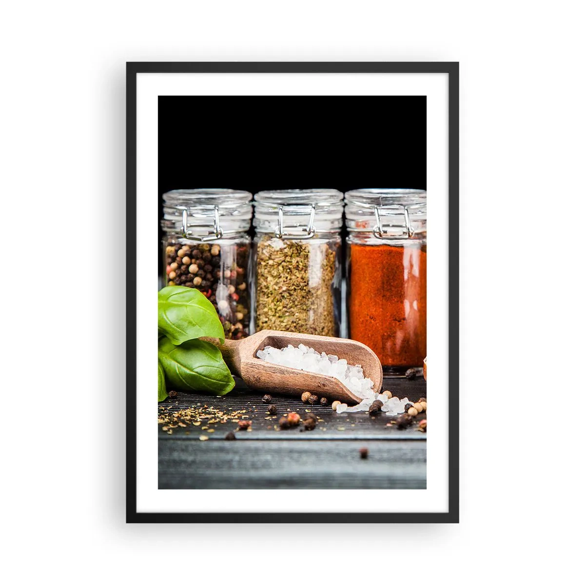 Plagát v čiernom ráme - Poháre s korením na tmavom pozadí - 50x70cm - Aby mal život chuť - Moderná nástenná dekorácia do obývacej izby a spálne ARTTOR
