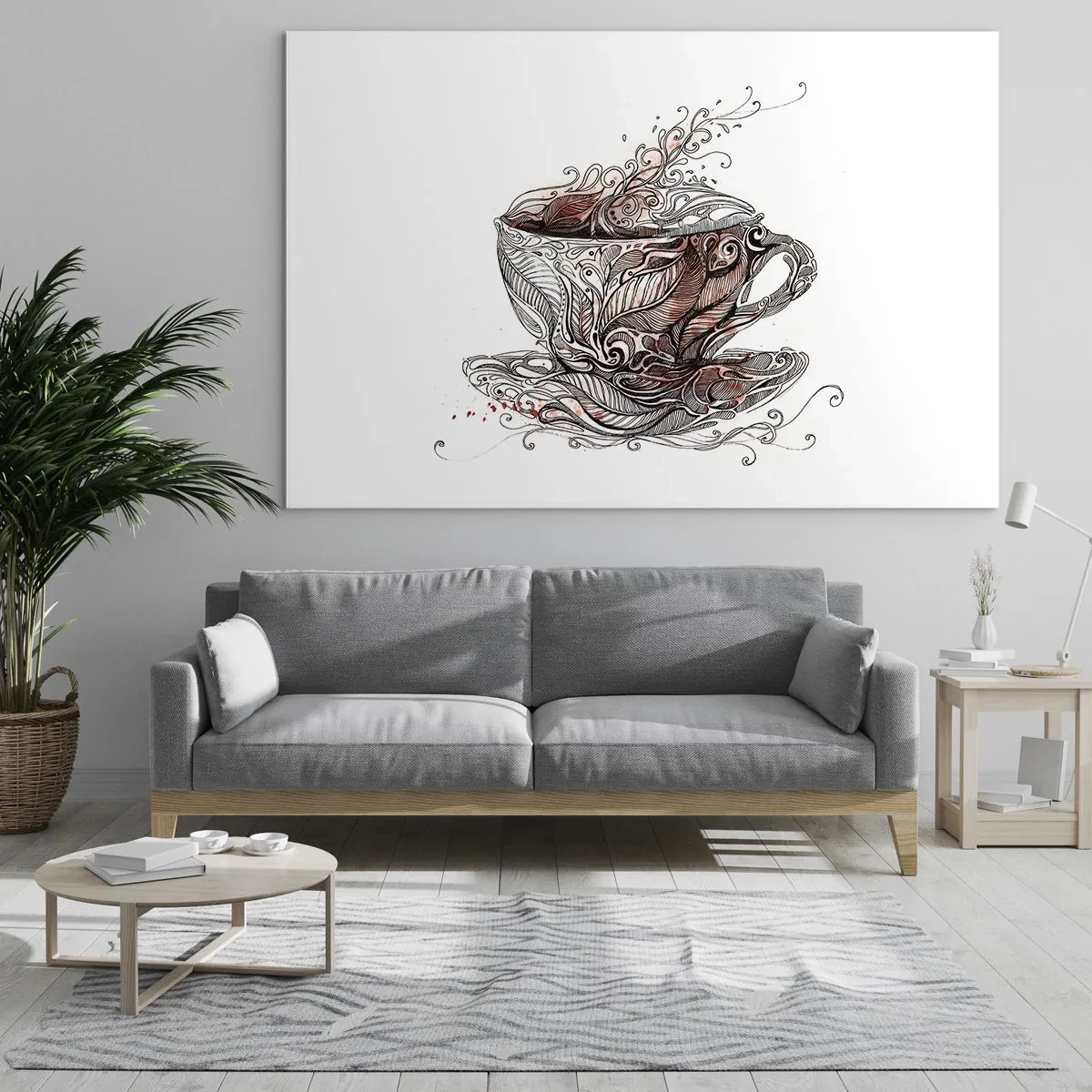 Obraz na skle - Umelecká kresba šálky s ornamentami a parou - 70x50cm - Čaj dobrý na všetko - Moderná nástenná dekorácia do obývacej izby a spálne ARTTOR