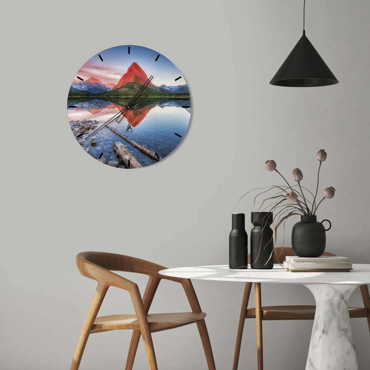 Nástenné hodiny - Horská krajina s odrazom v jazere - 30x30cm - Teplo a chlad - Moderná nástenná dekorácia do obývacej izby, kuchyne a spálne ARTTOR