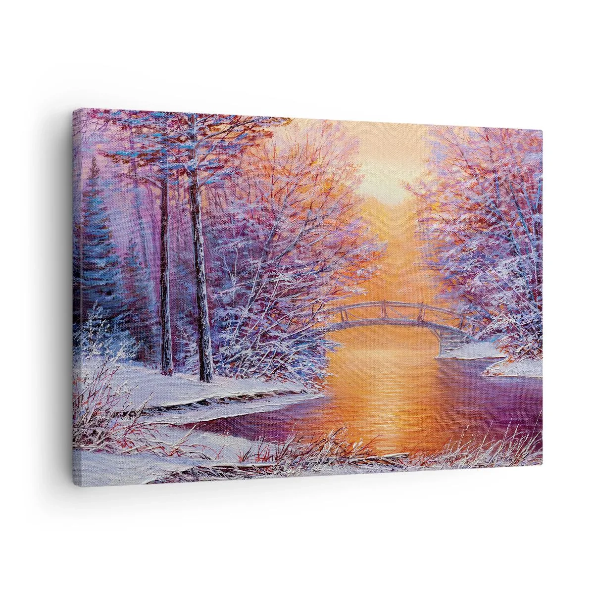 Obraz na plátne - Zimná krajina s mostom a západom slnka - 70x50cm - Stretneme sa tu - Moderná nástenná dekorácia do obývacej izby a spálne ARTTOR