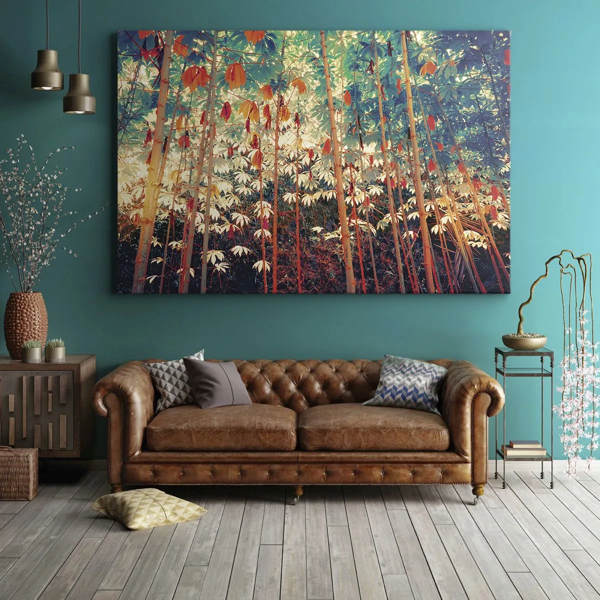 Obraz na plátne - Farebný bambusový les s intenzívnymi farbami - 70x50cm - Tajný život listov - Moderná nástenná dekorácia do obývacej izby a spálne ARTTOR