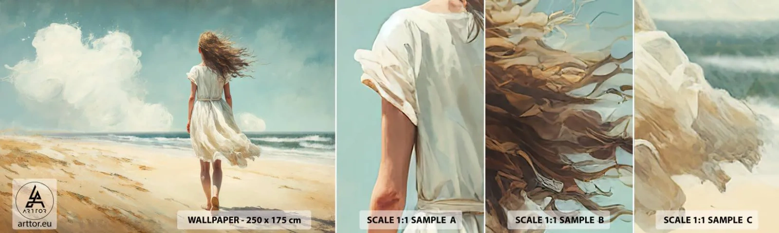 Vzorka samolepiacej fototapety Deluxe Sticker - Smerom ku slnku a vetru - Dievča, Pláž, Prechádzka - 100x30 cm