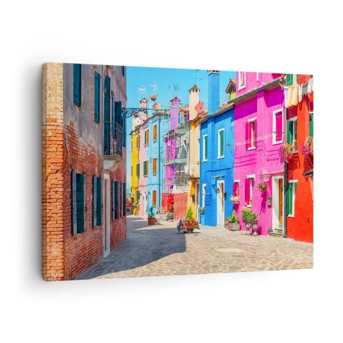 Obraz na plátne - Farebné budovy v úzkej mestskej ulici - 70x50cm - Mestečko „Pod papagájmi“ - Moderná nástenná dekorácia do obývacej izby a spálne ARTTOR