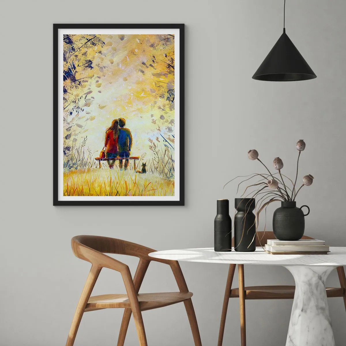 Plagát v čiernom ráme - Pár sediaci na lavičke uprostred jesenných farieb pri západe slnka - 50x70cm - Magický okamih - Moderná nástenná dekorácia do obývacej izby a spálne ARTTOR