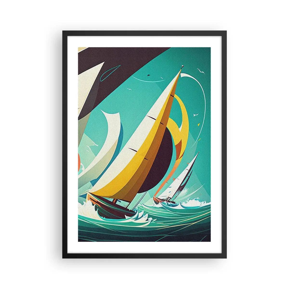Plagát v čiernom ráme - Abstraktná plachetnícka regata na rozbúrenom mori - 50x70cm - Ako vychádzať so živlami - Moderná nástenná dekorácia do obývacej izby a spálne ARTTOR