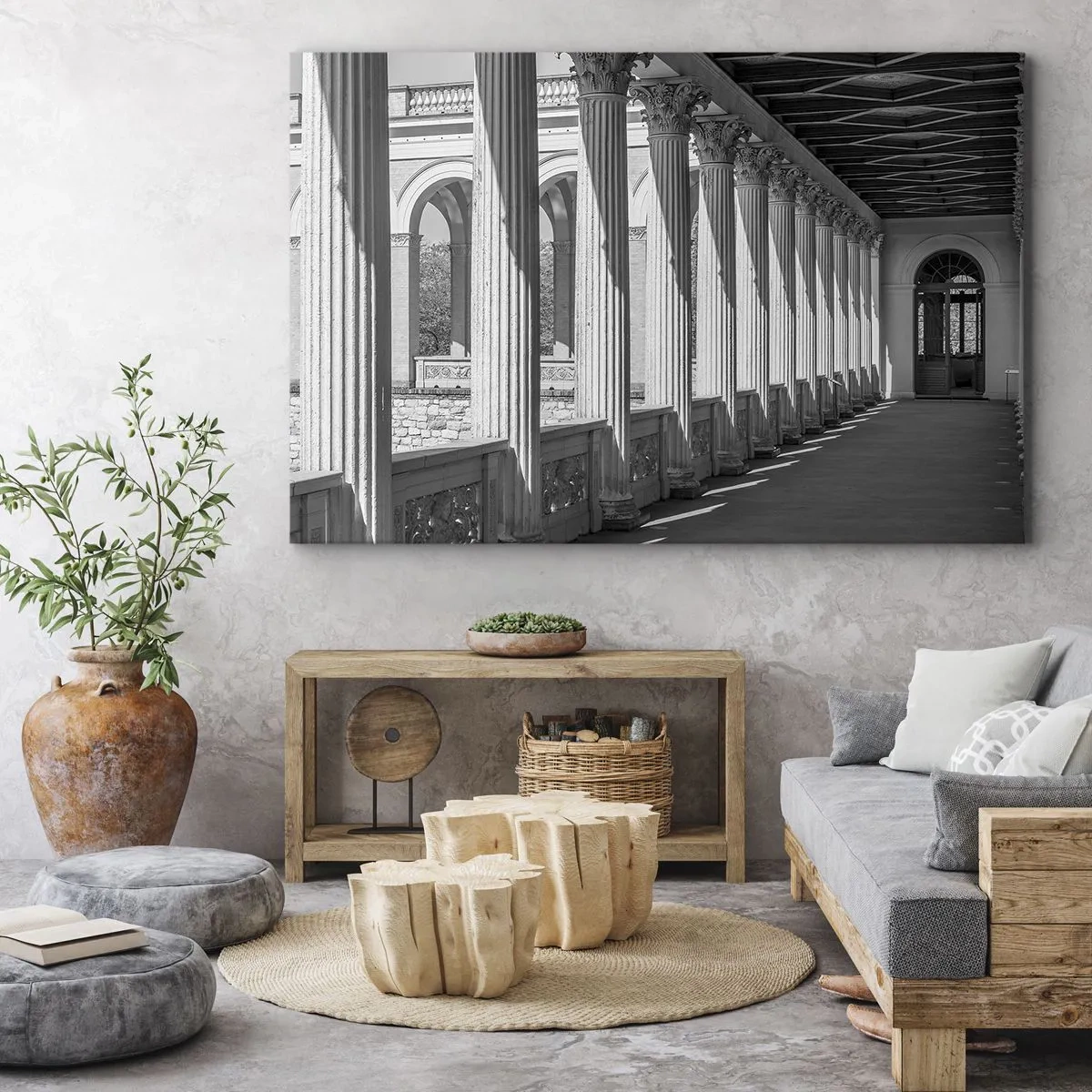 Obraz na plátne - Kolonáda v klasickom štýle v čiernej a bielej farbe - 70x50cm - Slnečná arkáda - Moderná nástenná dekorácia do obývacej izby a spálne ARTTOR
