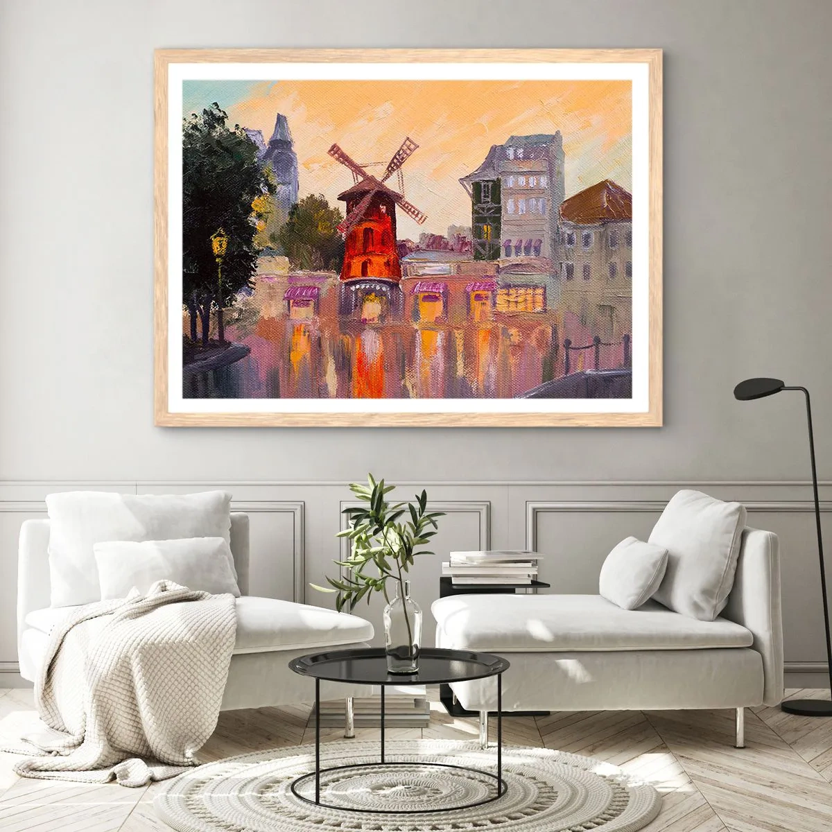 Plagát v ráme zo svetlého duba - Parížske ikony – Moulin Rouge - 70x50 cm