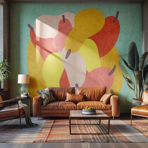Fototapeta Standard Eco - Farebné abstraktné hrušky na mätovo sfarbenom pozadí - 100x70cm - Ochutnajte letné slnko - Moderná nástenná dekorácia do obývacej izby a spálne ARTTOR