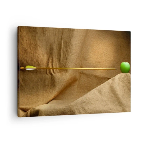 Obraz na plátne - Zelené jablko na látke so šípkou vytvárajúcou kompozíciu - 70x50cm - Privolať ducha Wilhelma Tella - Moderná nástenná dekorácia do obývacej izby a spálne ARTTOR