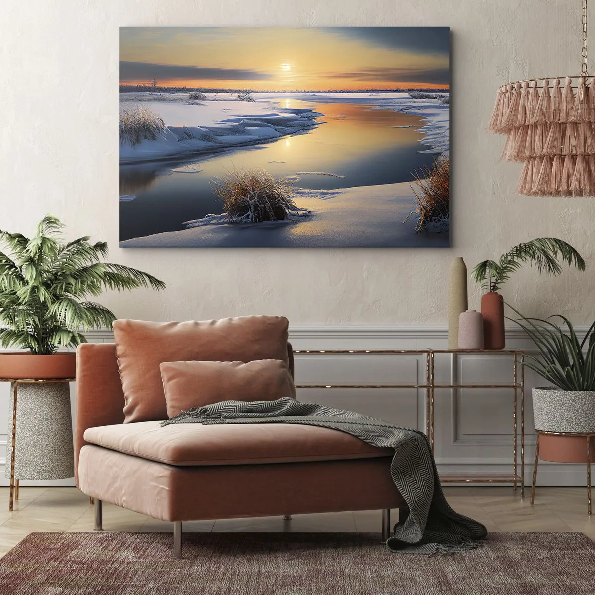 Obraz na plátne - Zimná krajina s riekou pri západe slnka - 70x50cm - Zimný západ slnka - Moderná nástenná dekorácia do obývacej izby a spálne ARTTOR