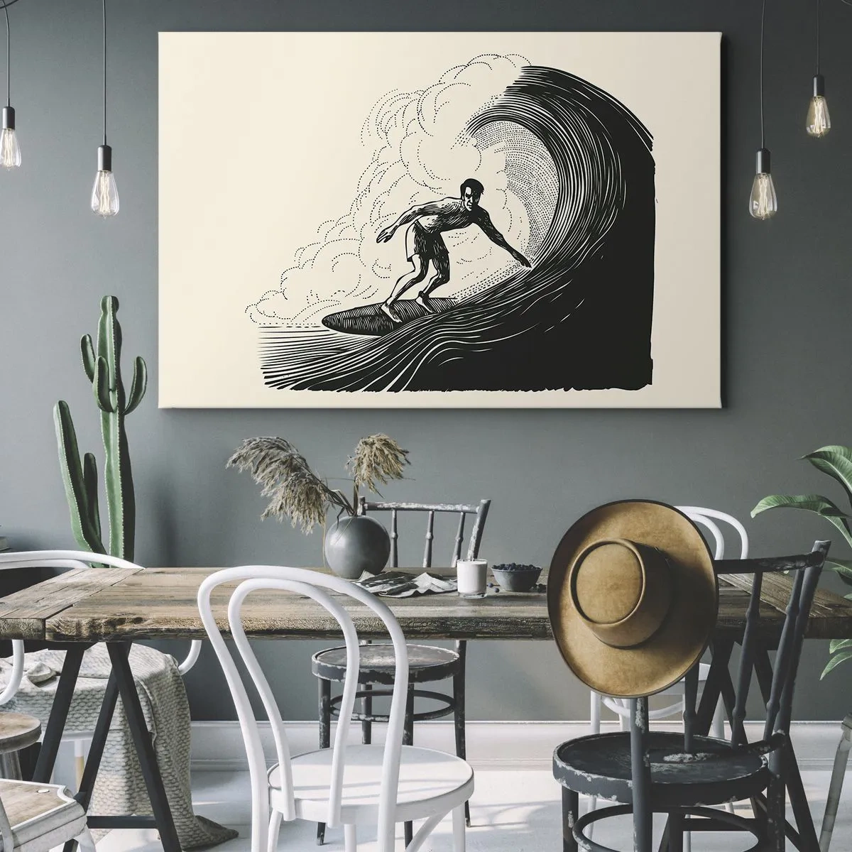 Obraz na plátne - Čiernobiela grafika surfera jazdiaceho na vlne - 70x50cm - Kráľ vĺn - Moderná nástenná dekorácia do obývacej izby a spálne ARTTOR