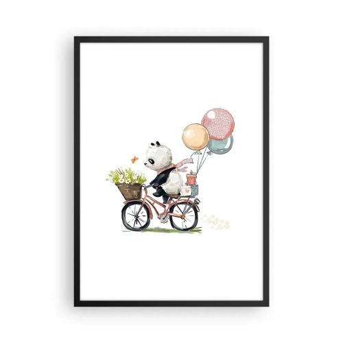 Plagát v čiernom ráme - Panda na bicykli s balónikmi a kvetmi v rozprávkovom štýle - 50x70cm - Šťastný deň - Moderná nástenná dekorácia do obývacej izby a spálne ARTTOR
