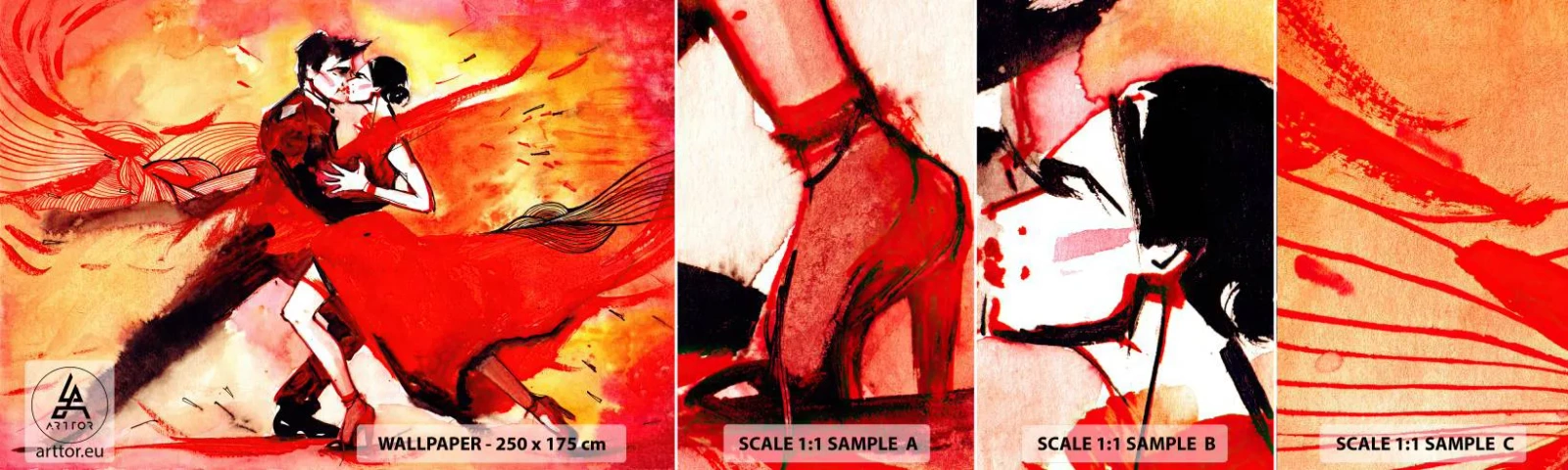 Vzorka samolepiacej fototapety Deluxe Sticker - Purpurový rytmus náruživosti - Abstrakcia, Tancujte, Tango - 100x30 cm