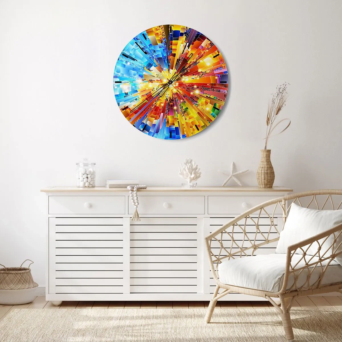Nástenné hodiny - Farebná abstrakcia v štýle mozaiky plná energie - 30x30cm - In medias res - Moderná nástenná dekorácia do obývacej izby, kuchyne a spálne ARTTOR