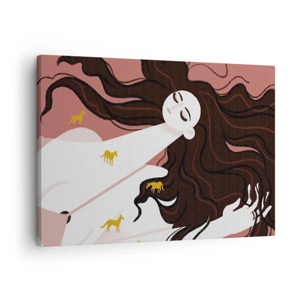 Obraz na plátne - Postava so zatvorenými očami obklopená zlatými koňmi - 70x50cm - Sen o zlatom koni - Moderná nástenná dekorácia do obývacej izby a spálne ARTTOR