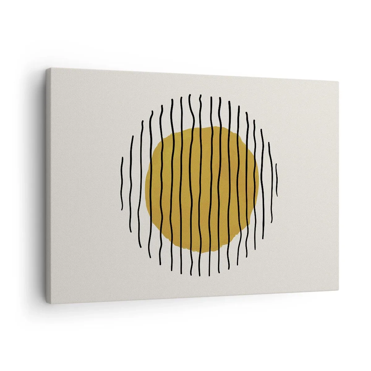 Obraz na plátne - Minimalistický motív so žltým kruhom a čiernymi čiarami. - 70x50cm - Abstrakcia kmitajúca žiarom - Moderná nástenná dekorácia do obývacej izby a spálne ARTTOR