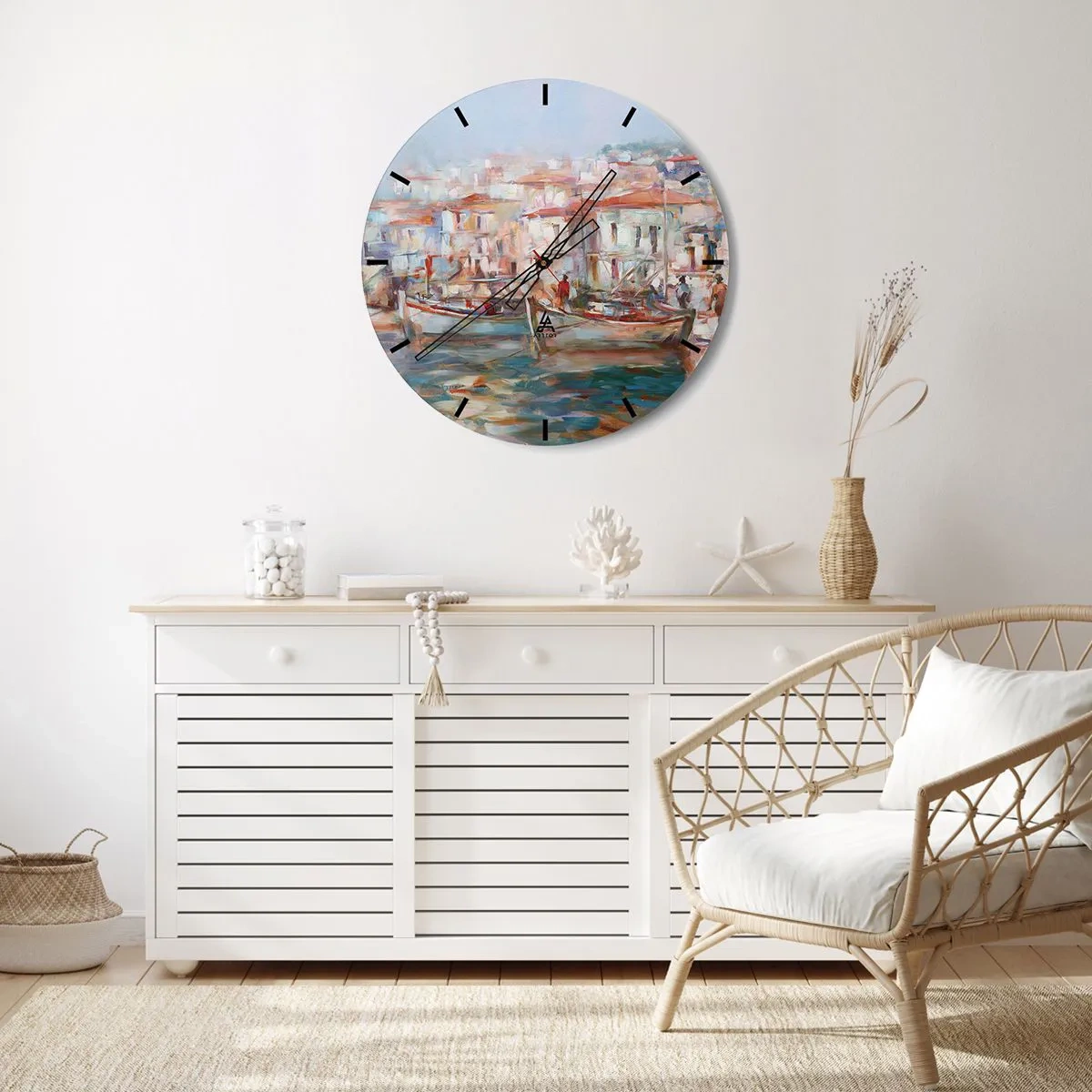 Nástenné hodiny - Pastelový prístav s loďkami na pozadí malebných budov - 30x30cm - Pastelová dovolenka - Moderná nástenná dekorácia do obývacej izby, kuchyne a spálne ARTTOR
