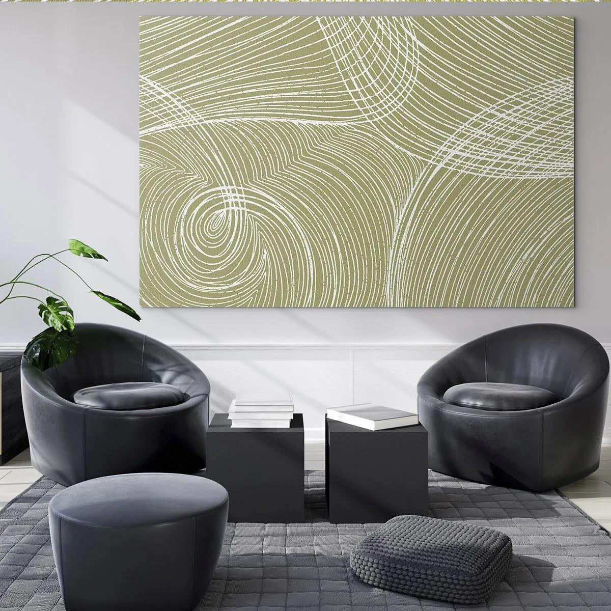 Obraz na skle - Biele čiary tvoria zložitú štruktúru na olivovozelenom pozadí. - 70x50cm - Majstrovská abstrakcia v bielej - Moderná nástenná dekorácia do obývacej izby a spálne ARTTOR