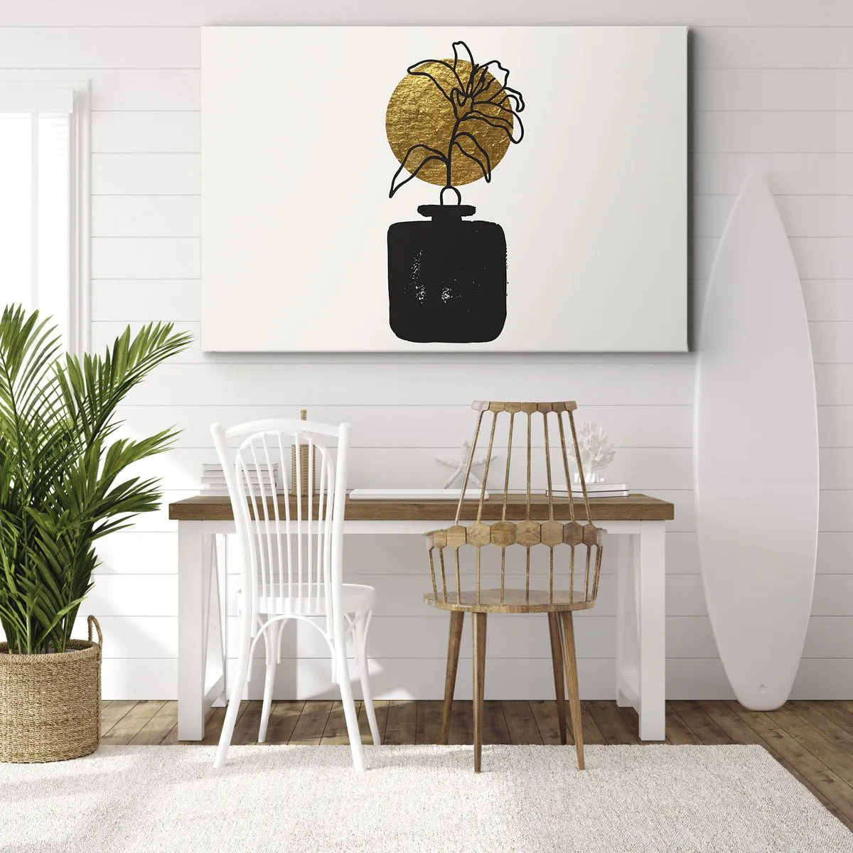 Obraz na plátne - Kresba kvetu vo váze na pozadí zlatého kruhu - 70x50cm - Krása, ktorá má cenu zlata - Moderná nástenná dekorácia do obývacej izby a spálne ARTTOR