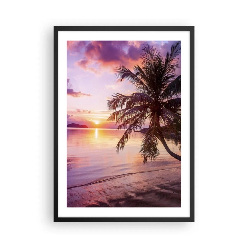 Plagát v čiernom ráme - Tropický západ slnka s palmou na pláži - 50x70cm - Blahobyt až po okraj - Moderná nástenná dekorácia do obývacej izby a spálne ARTTOR