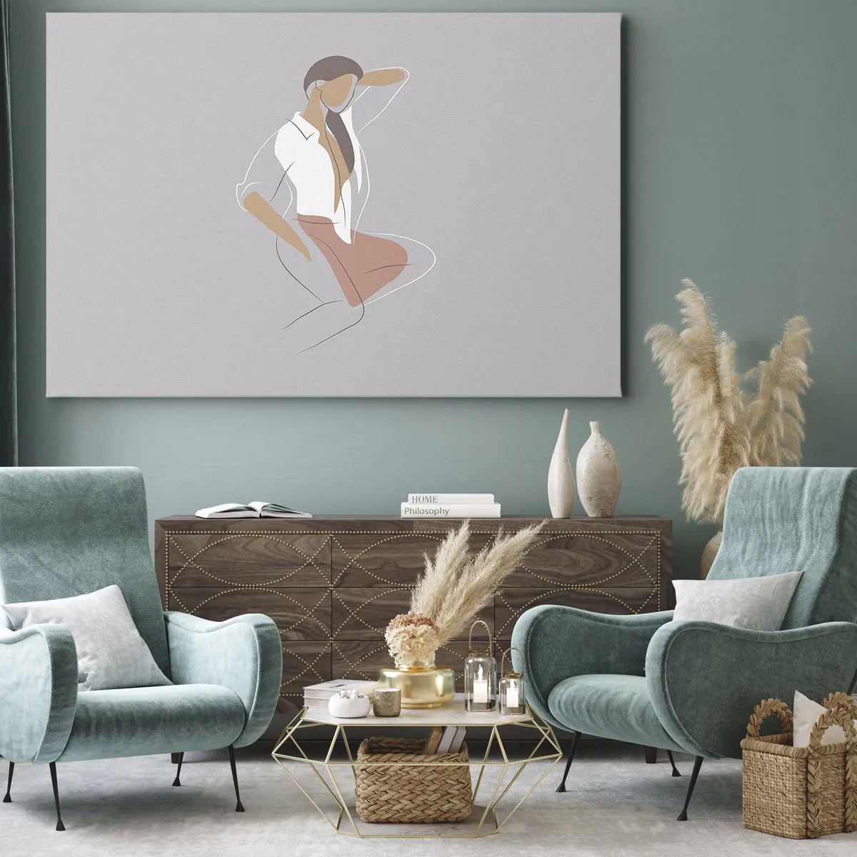 Obraz na plátne - Minimalistický portrét ženy v pastelových farbách. - 70x50cm - Obrys pôvabu - Moderná nástenná dekorácia do obývacej izby a spálne ARTTOR