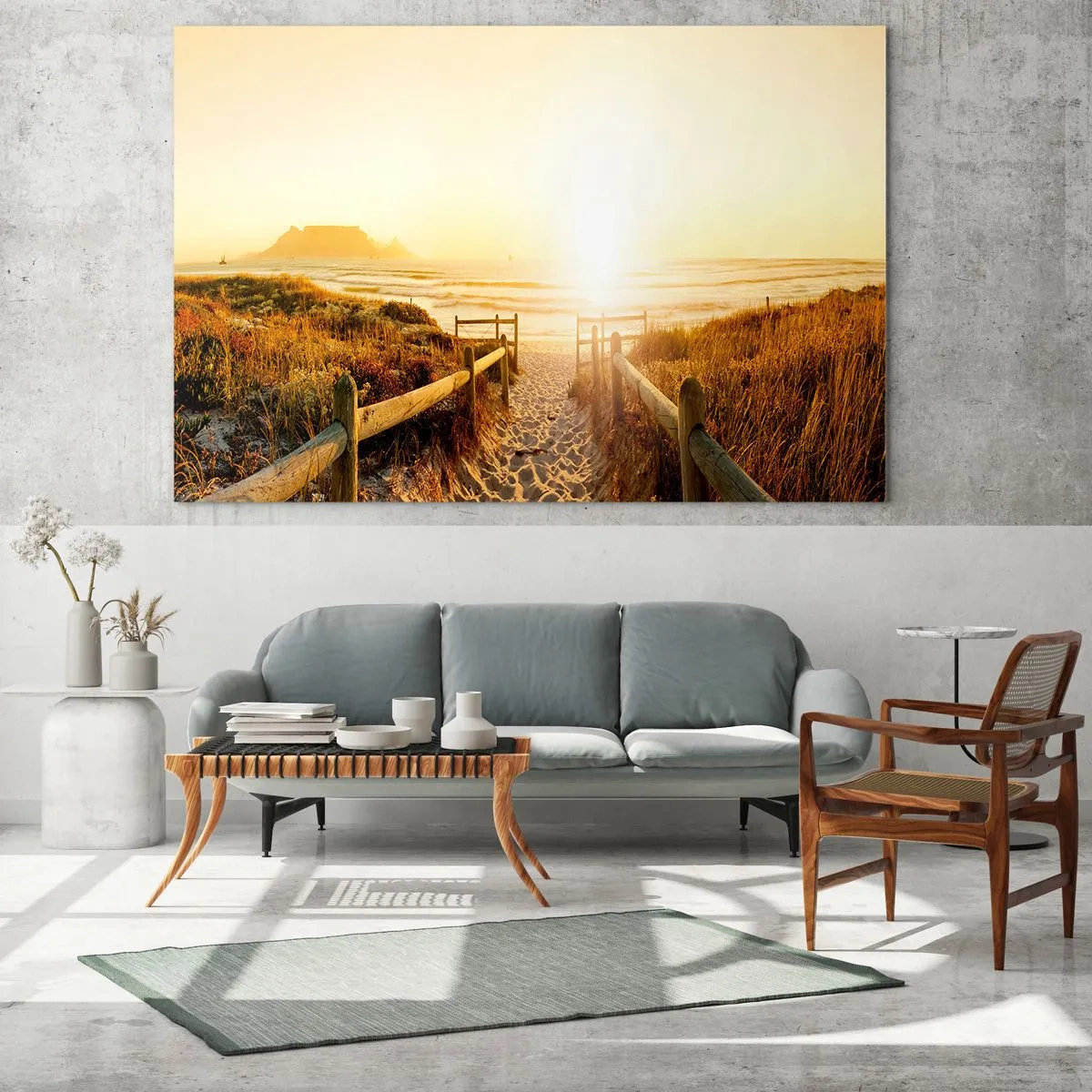 Obraz na skle - Cesta cez dunu vedúca na pláž pri západe slnka - 70x50cm - Dunami smerom k slnku - Moderná nástenná dekorácia do obývacej izby a spálne ARTTOR