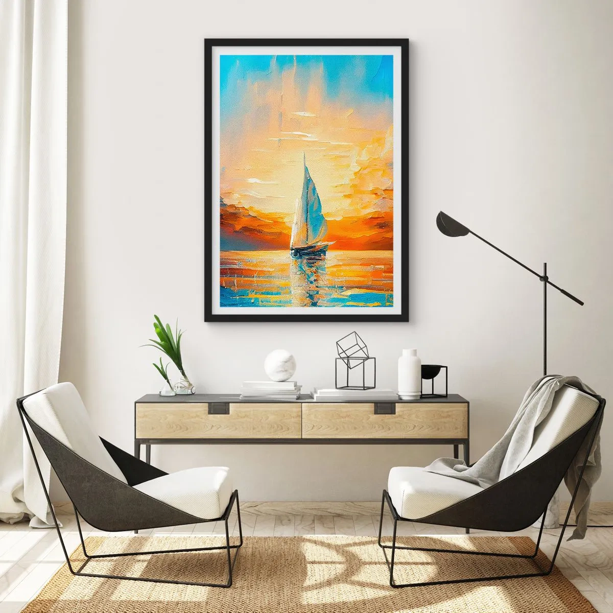 Plagát v čiernom ráme - Plachetnica na pozadí zlatého západu slnka - 50x70cm - Plavba v zlate - Moderná nástenná dekorácia do obývacej izby a spálne ARTTOR