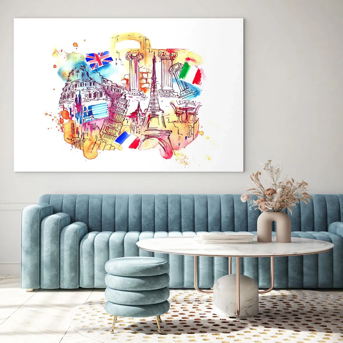 Obraz na skle - Akvarel európskych pamiatok s vlajkami krajín - 70x50cm - Európske turné - Moderná nástenná dekorácia do obývacej izby a spálne ARTTOR