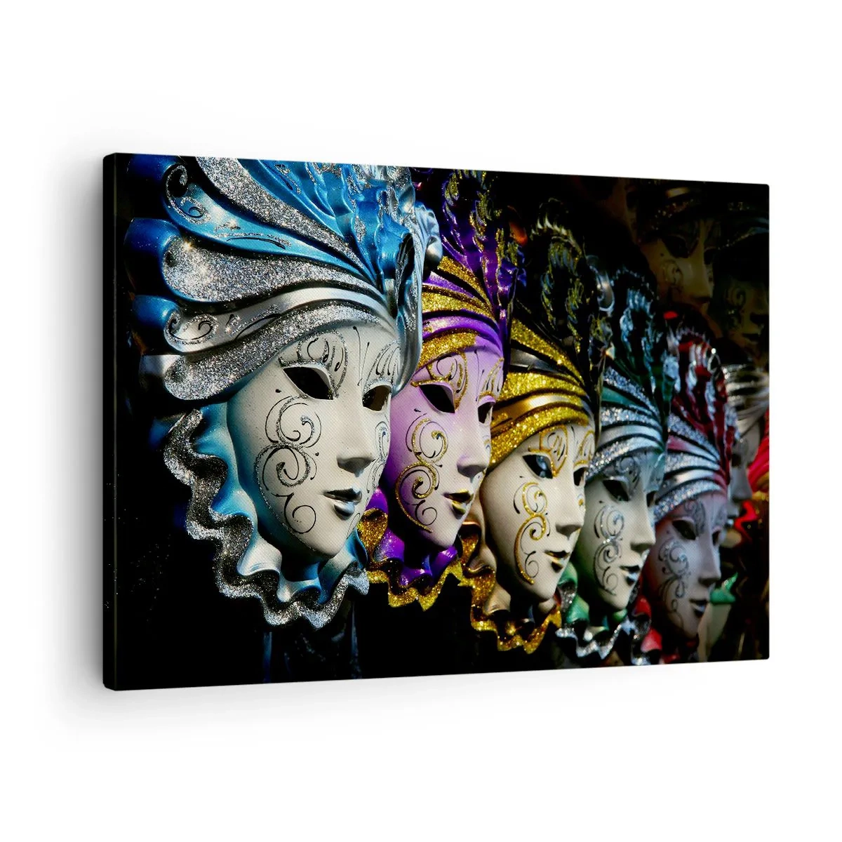 Obraz na plátne - Benátske masky v rôznych farbách s ozdobnými vzormi - 70x50cm - Tajomstvo v zlatej a v striebornej - Moderná nástenná dekorácia do obývacej izby a spálne ARTTOR