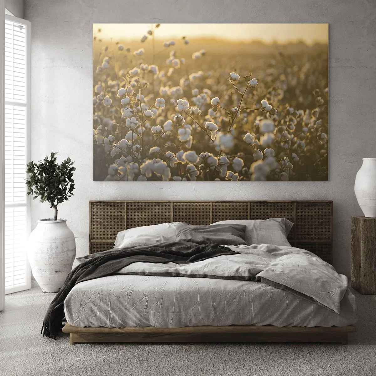 Obraz na skle - Bavlníkové pole pri západe slnka - 70x50cm - Chlpaté pole - Moderná nástenná dekorácia do obývacej izby a spálne ARTTOR