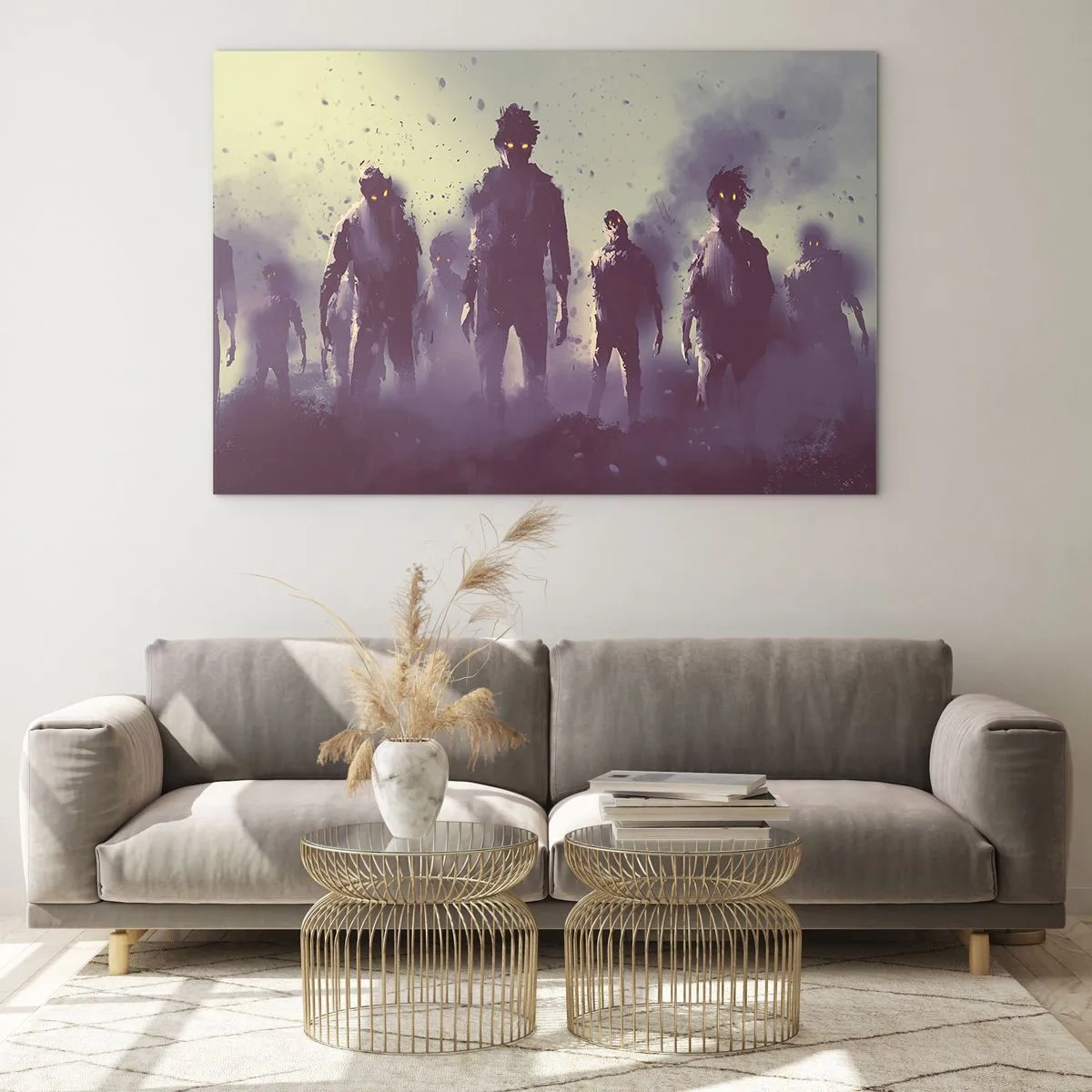 Obraz na skle - Tmavá ilustrácia skupiny postáv v hmle - 70x50cm - Dávaj pozor! Prichádzajú - Moderná nástenná dekorácia do obývacej izby a spálne ARTTOR