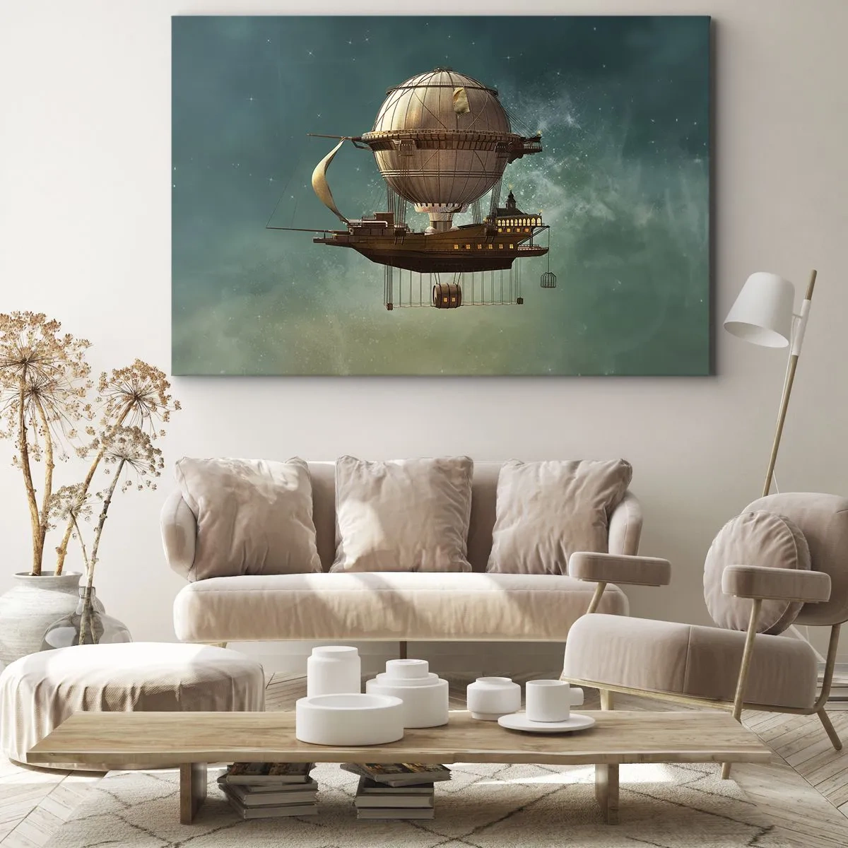 Obraz na plátne - Fantastická vzducholoď na pozadí zelenkastej oblohy - 70x50cm - Julius Verne pozdravuje - Moderná nástenná dekorácia do obývacej izby a spálne ARTTOR
