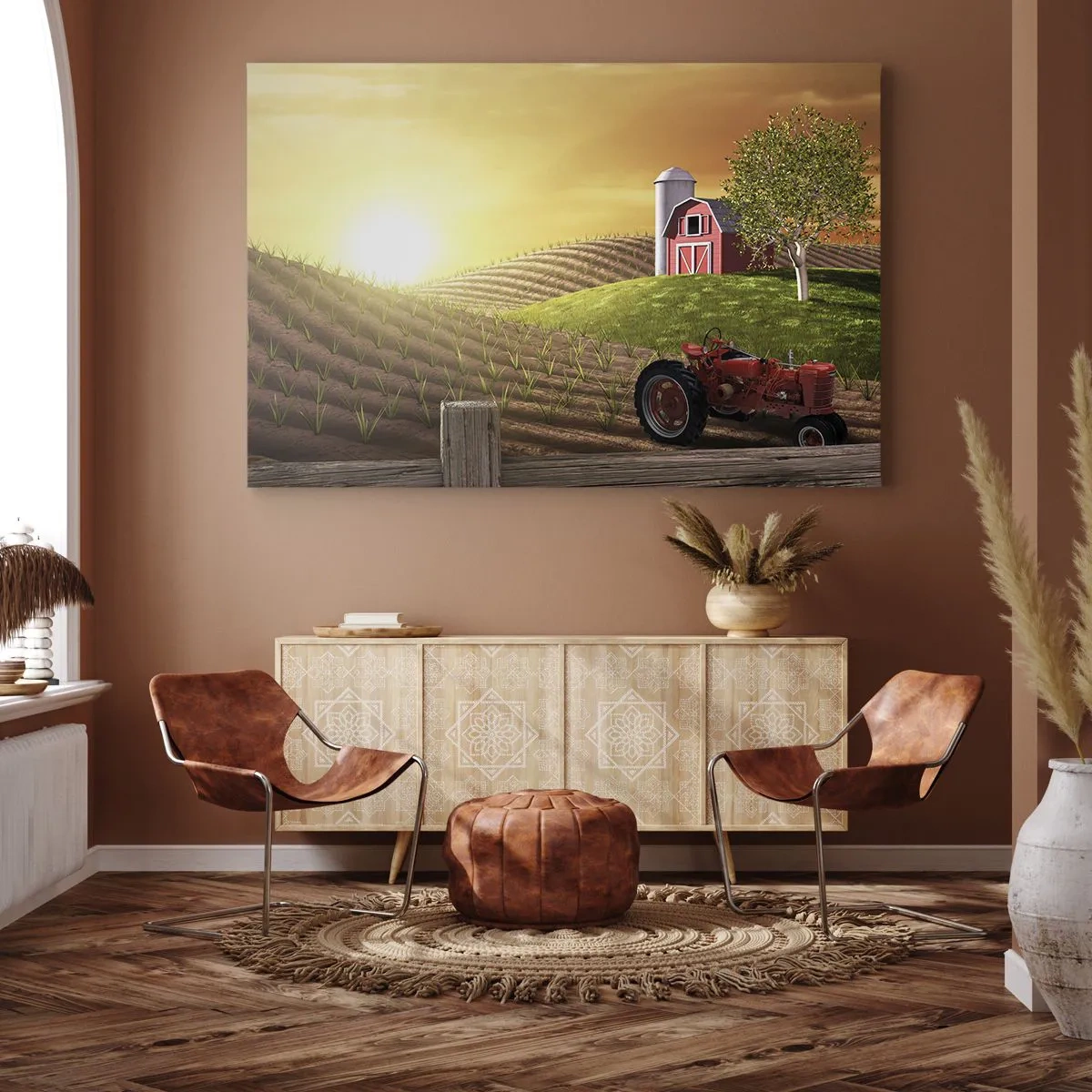 Obraz na plátne - Vidiecka krajina s červenou stodolou, traktorom a východom slnka - 70x50cm - Farma ako z rozprávky - Moderná nástenná dekorácia do obývacej izby a spálne ARTTOR