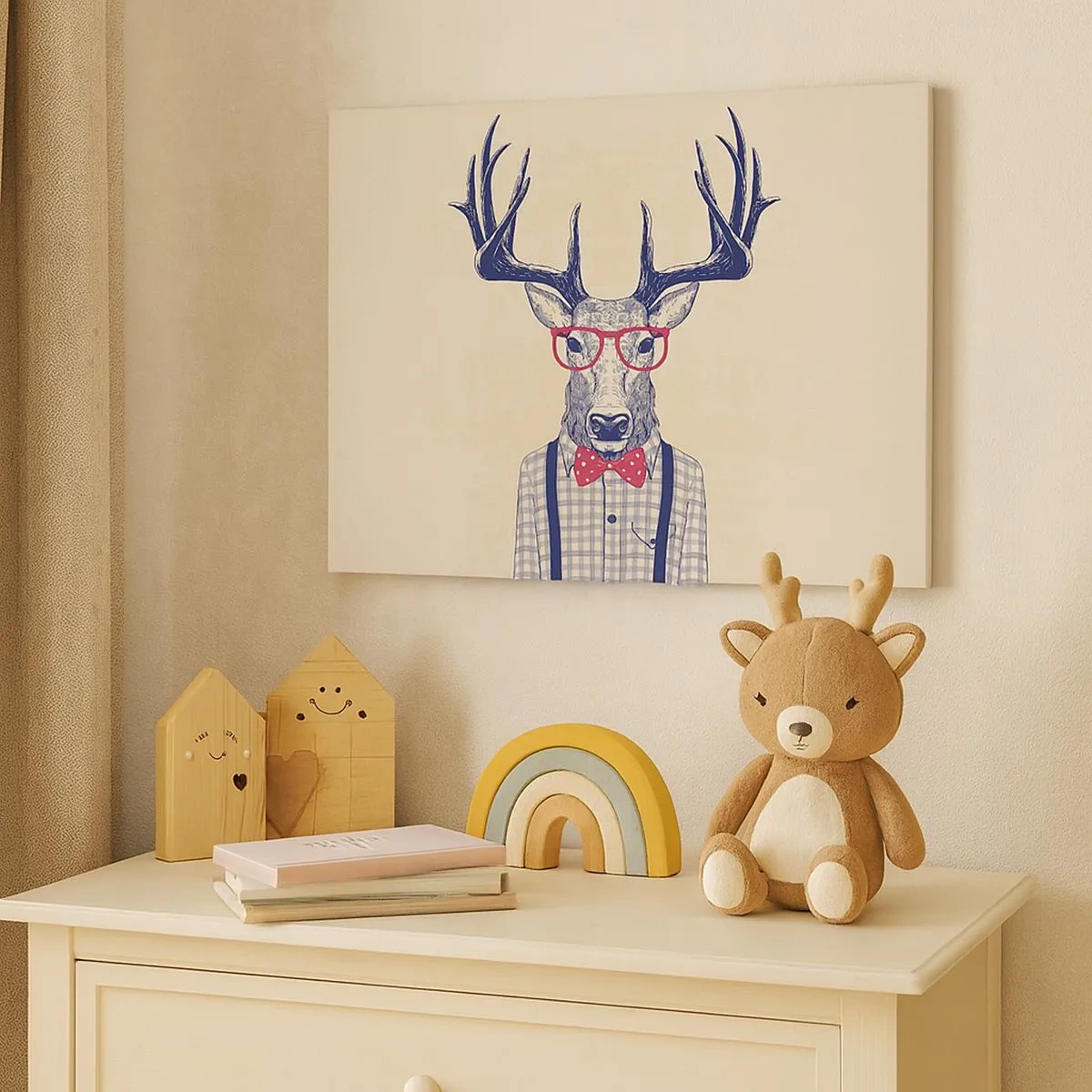 Obraz na plátne - Štylizovaná grafika jeleňa s okuliarmi a motýlikom - 70x50cm - Zábavná extravagancia - Moderná nástenná dekorácia do obývacej izby a spálne ARTTOR