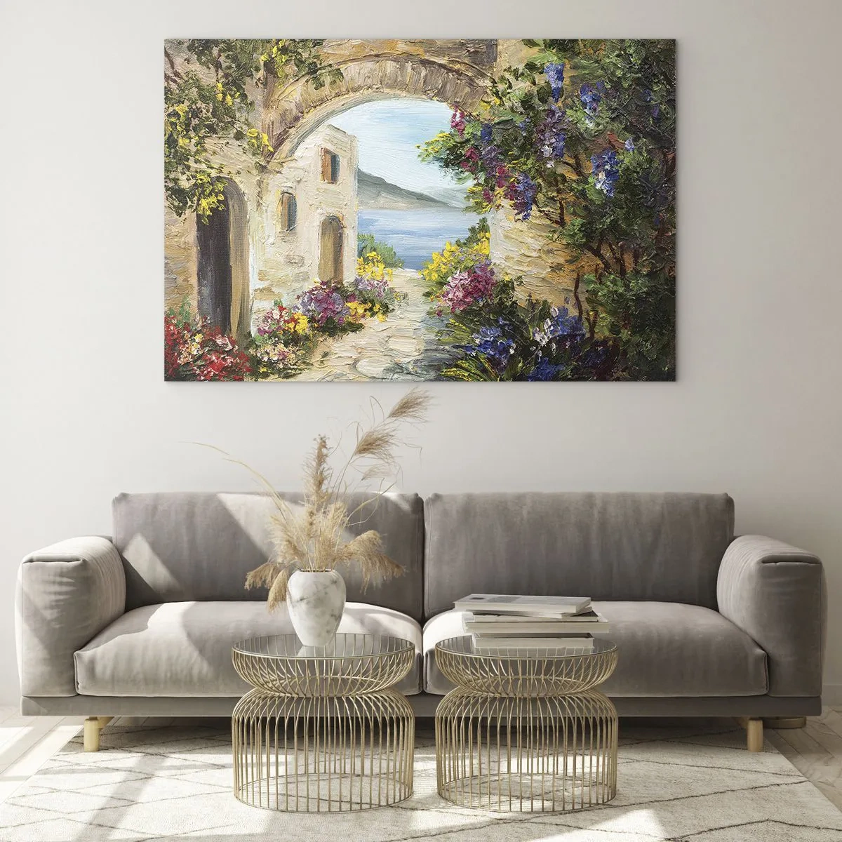 Obraz na skle - Malebná ulica s výhľadom na jazero - 70x50cm - Pôvab pobrežnej krajiny - Moderná nástenná dekorácia do obývacej izby a spálne ARTTOR