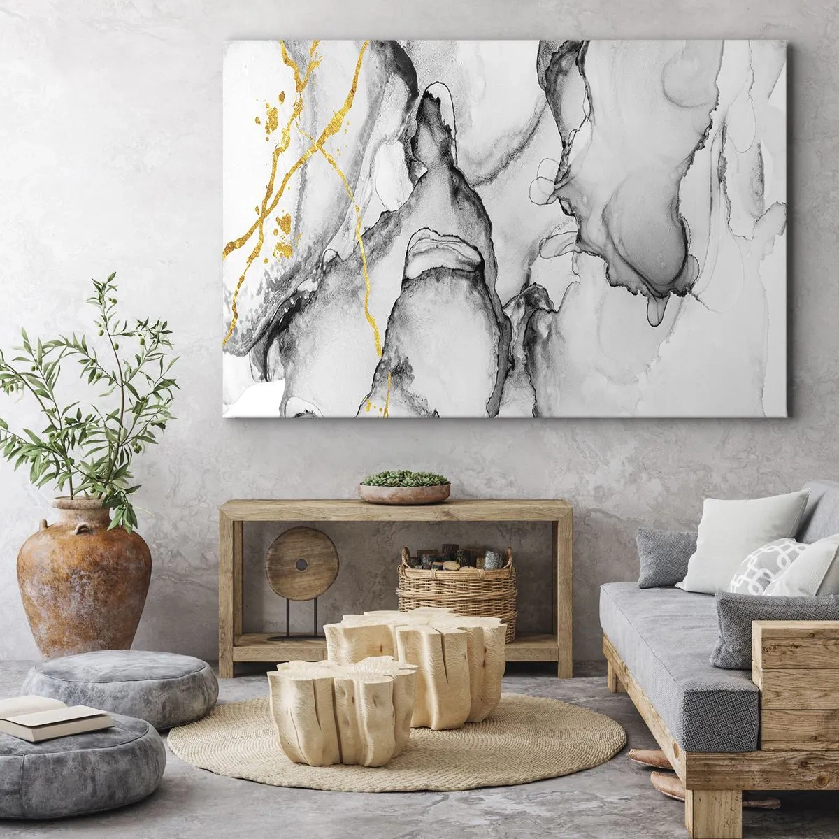 Obraz na plátne - Abstraktné čiernobiele vzory so zlatými akcentmi - 70x50cm - Kompozícia so zlatým motívom - Moderná nástenná dekorácia do obývacej izby a spálne ARTTOR