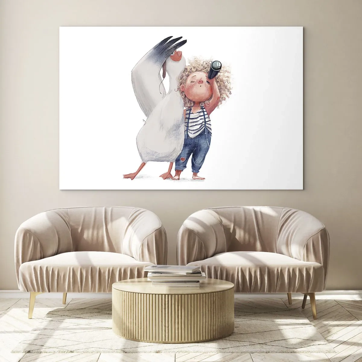 Obraz na skle - Dieťa s ďalekohľadom a bocian v zábavnom ilustračnom štýle - 70x50cm - Plán na skvelú cestu - Moderná nástenná dekorácia do obývacej izby a spálne ARTTOR