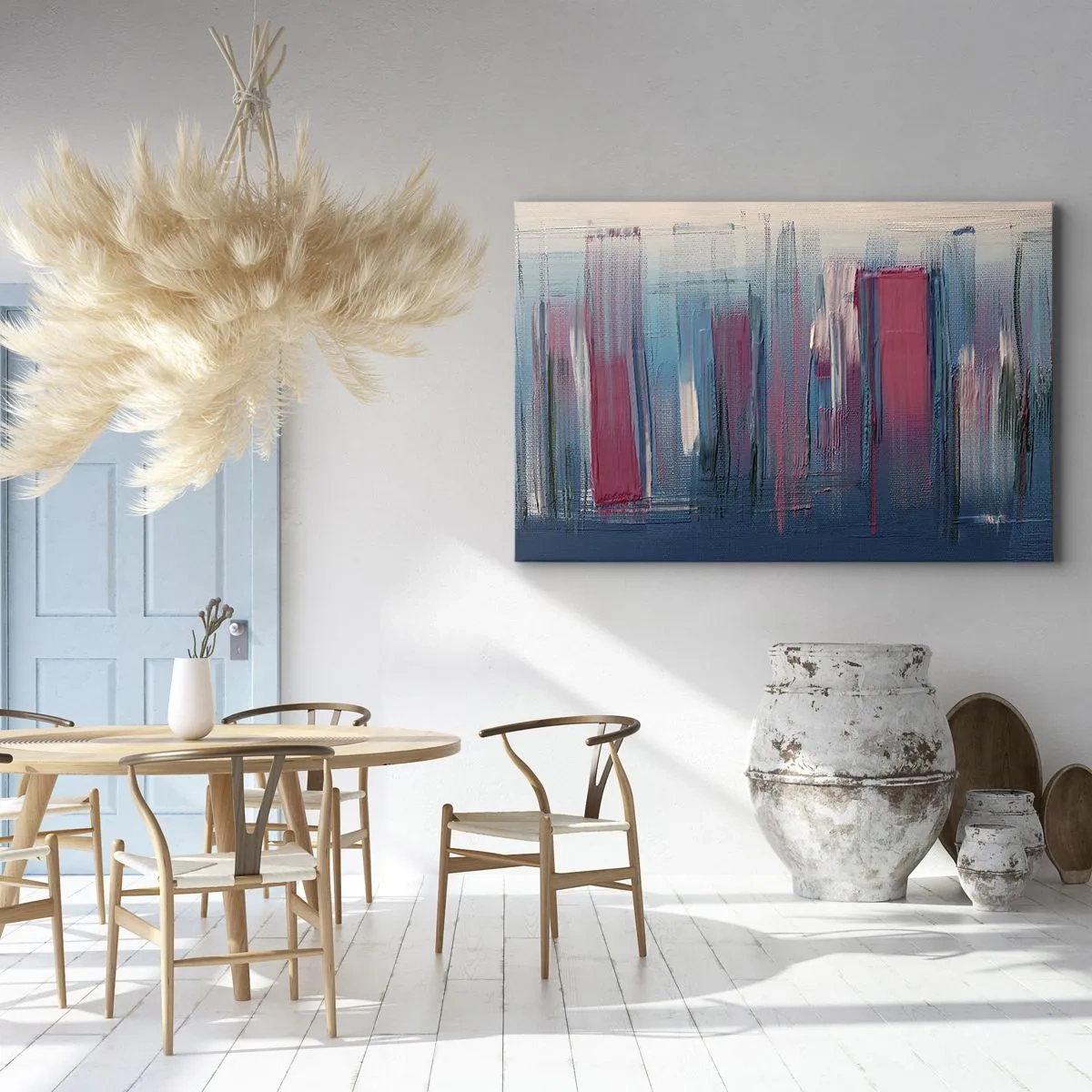 Obraz na plátne - Abstraktné vertikálne tvary v odtieňoch modrej a červenej - 70x50cm - Vertikálna kompozícia v modrej a červenej - Moderná nástenná dekorácia do obývacej izby a spálne ARTTOR