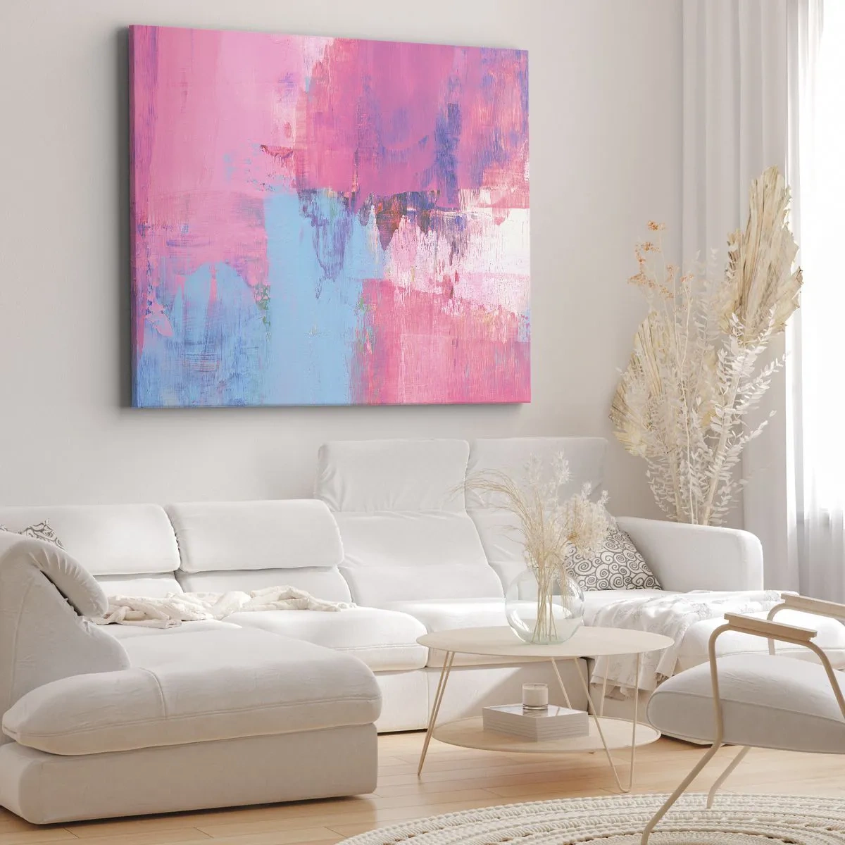 Obraz na plátne - Abstraktná kompozícia v ružovej a modrej farbe - 70x50cm - Ružová, modrá a štipka svetla - Moderná nástenná dekorácia do obývacej izby a spálne ARTTOR