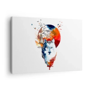 Obraz na plátne - Abstraktná akvarelová maľba vlka na pozadí červeného mesiaca - 70x50cm - Nosom na skle - Moderná nástenná dekorácia do obývacej izby a spálne ARTTOR