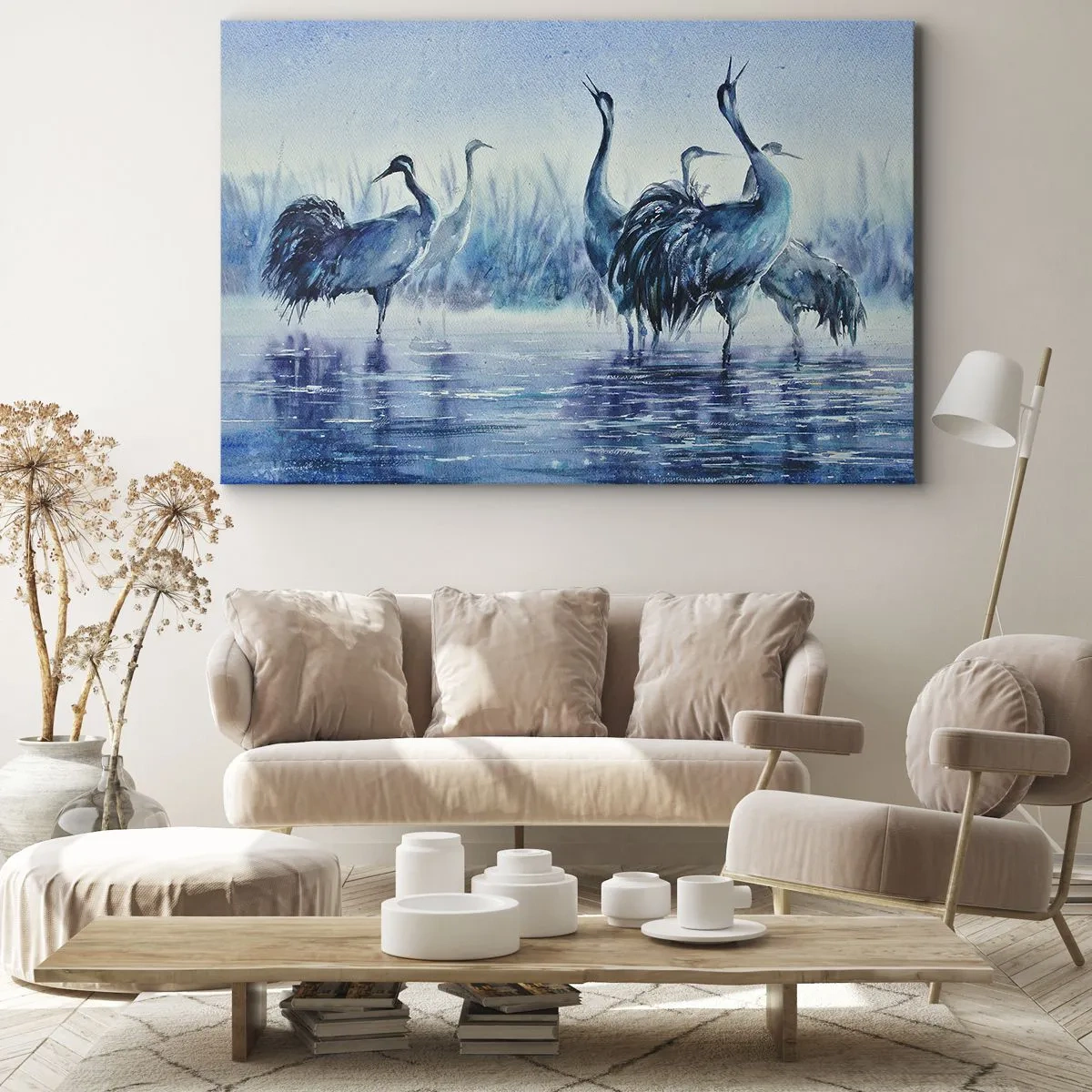 Obraz na plátne - Žeriavy na pozadí hmly a vody v modrých tónoch - 70x50cm - Ranné stretnutie - Moderná nástenná dekorácia do obývacej izby a spálne ARTTOR