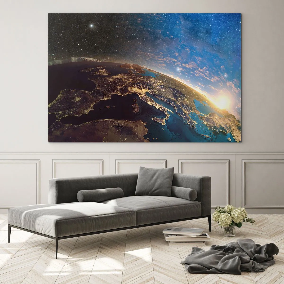 Obraz na skle - Pohľad na Zem z vesmíru s viditeľným východom slnka - 70x50cm - Pozrime sa na seba s odstupom - Moderná nástenná dekorácia do obývacej izby a spálne ARTTOR