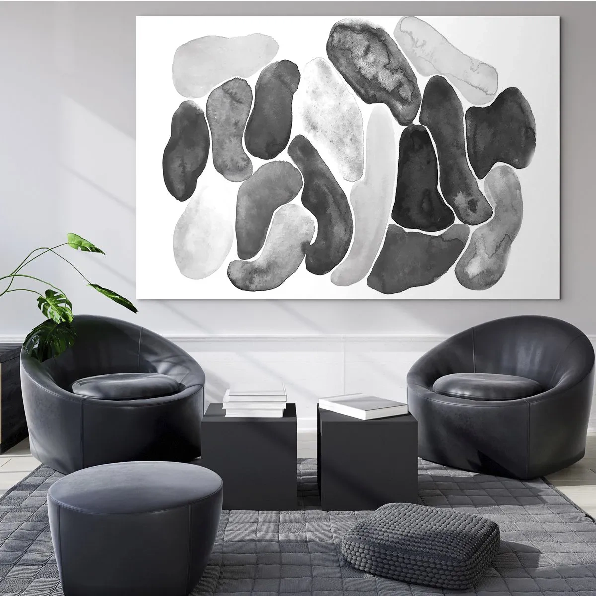 Obraz na skle - Čiernobiela kompozícia abstraktných tvarov pripomínajúcich kamene. - 70x50cm - Kamenistá abstrakcia - Moderná nástenná dekorácia do obývacej izby a spálne ARTTOR