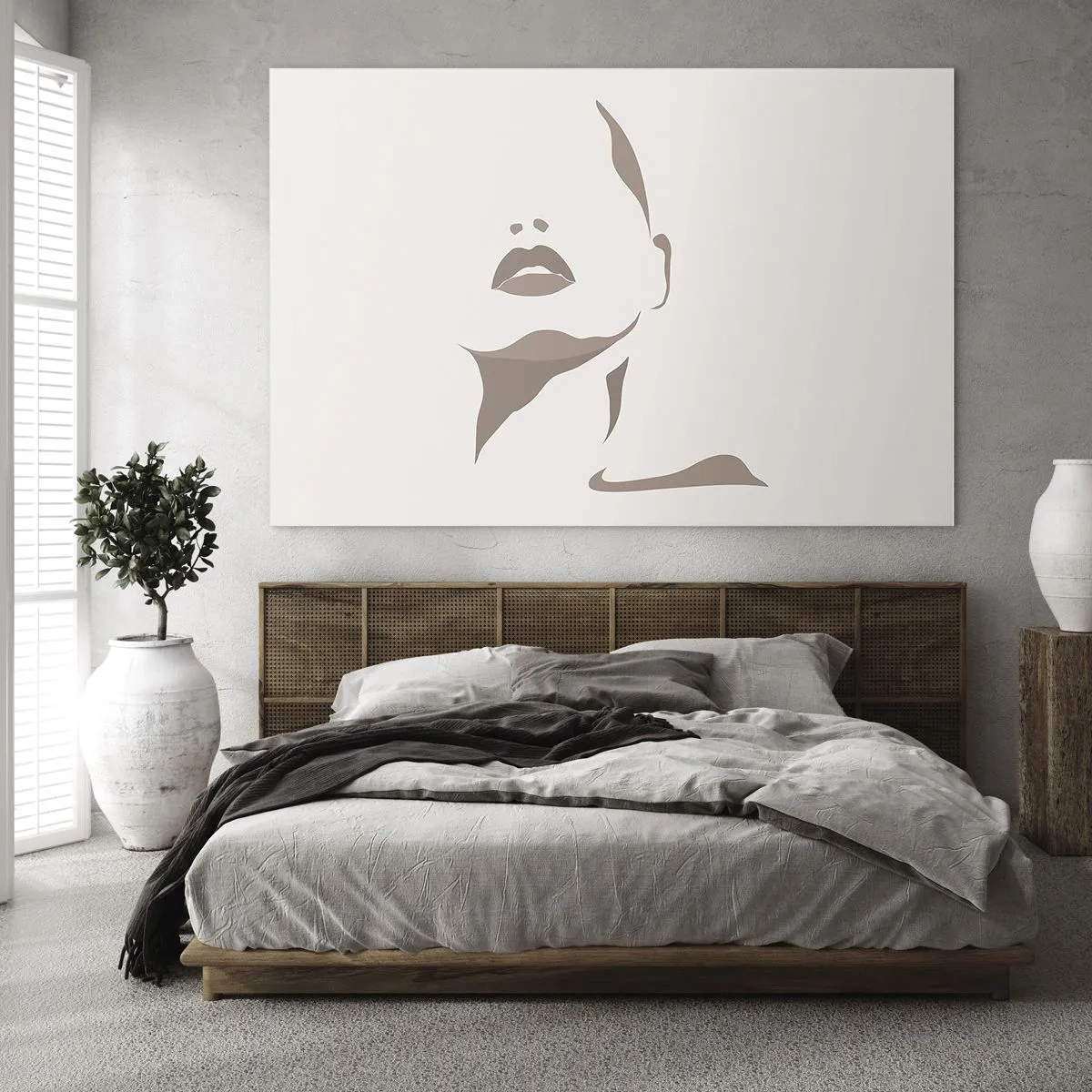 Obraz na skle - Obrys ženskej tváre a krku v minimalistickom štýle - 70x50cm - Stvorená zo svetla a tieňa - Moderná nástenná dekorácia do obývacej izby a spálne ARTTOR
