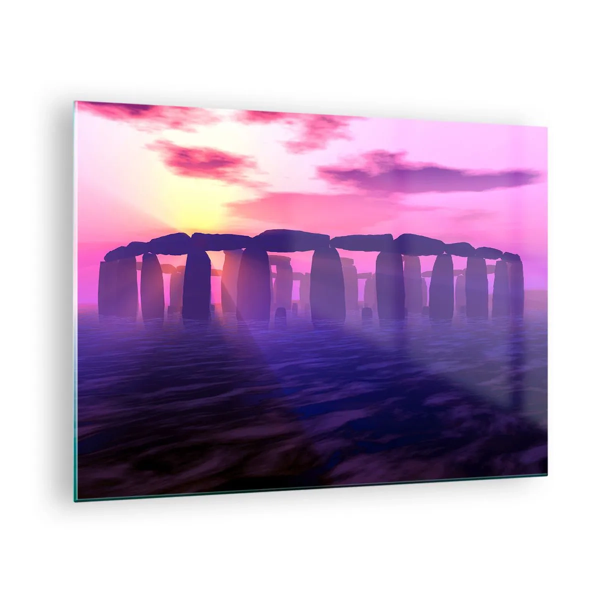 Obraz na skle - Stonehenge vo svetle ružového západu slnka - 70x50cm - Tajomstvo za svitania v hmle - Moderná nástenná dekorácia do obývacej izby a spálne ARTTOR