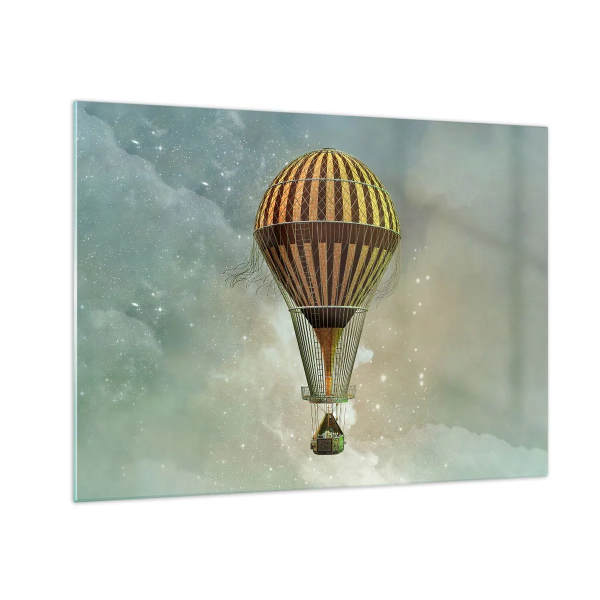 Obraz na skle - Štylizovaný balón na pozadí hviezdnej oblohy a oblakov. - 70x50cm - Priekopnícke lety - Moderná nástenná dekorácia do obývacej izby a spálne ARTTOR
