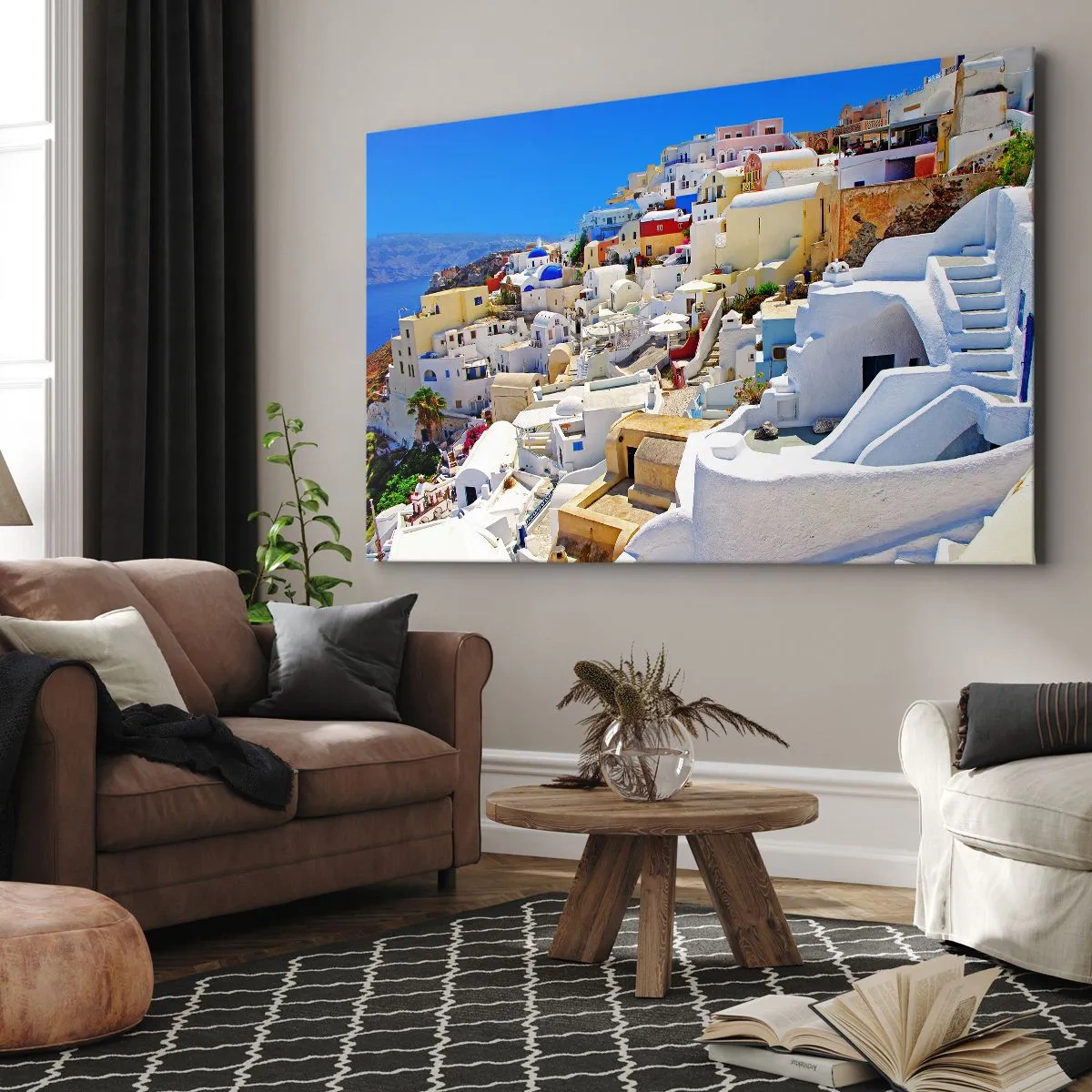Obraz na plátne - Panoráma Santorini s bielymi domami a modrou oblohou - 70x50cm - Sen o gréckom lete - Moderná nástenná dekorácia do obývacej izby a spálne ARTTOR