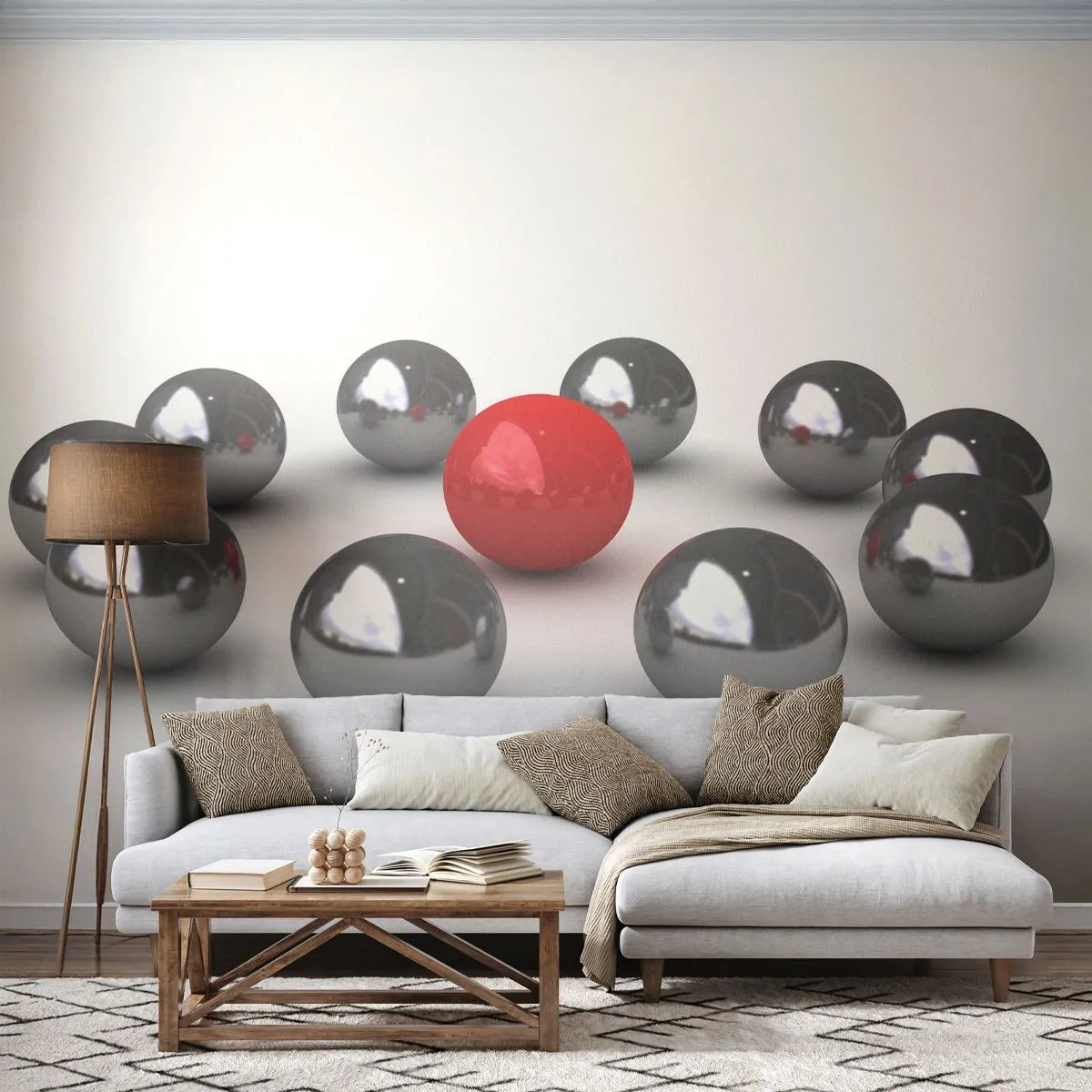 Samolepiaca Fototapeta Deluxe Sticker - Kruh v striebornej a červenej - Abstrakcia, 3D, Okrúhle lopty - 250x175 cm