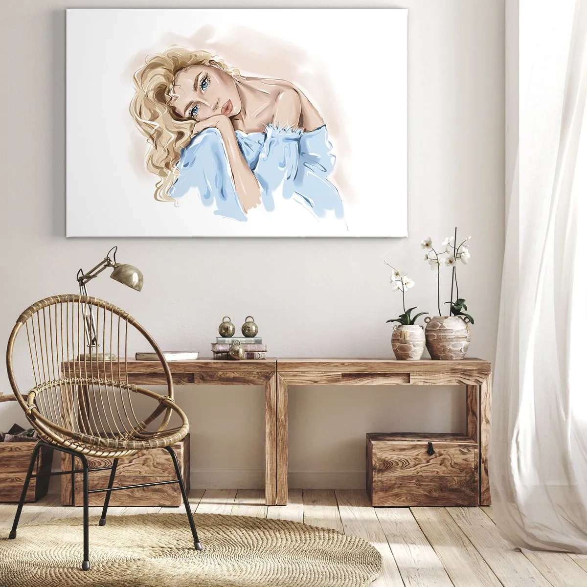 Obraz na plátne - Portrét ženy v modrých šatách s blond vlasmi - 70x50cm - Zasnená v modrej - Moderná nástenná dekorácia do obývacej izby a spálne ARTTOR